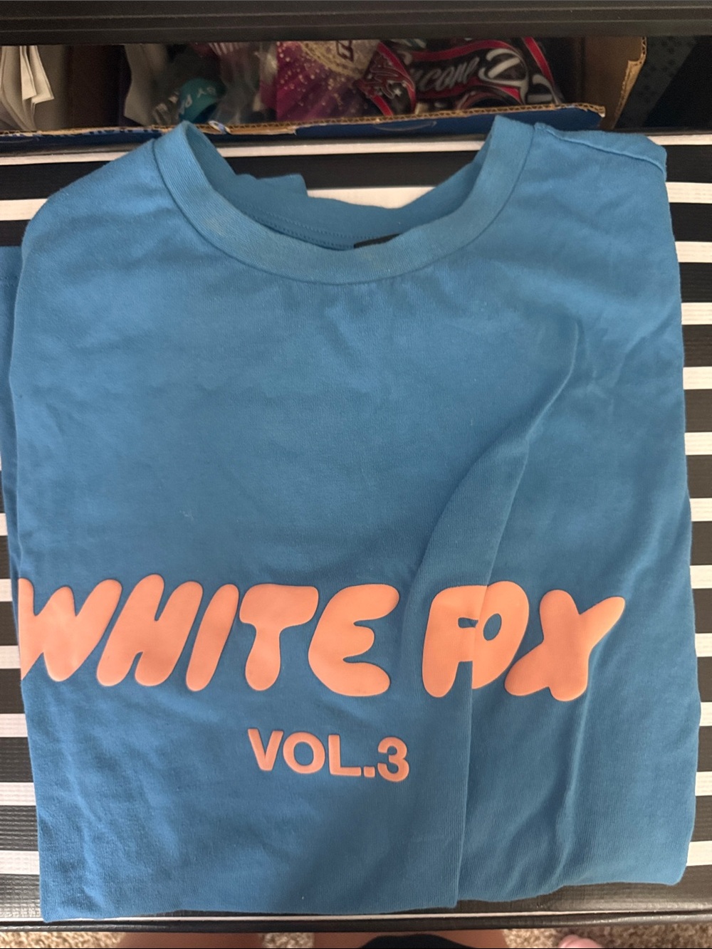 White Fox Boutique Blue Short Sleeve Tee with Peach Graphic